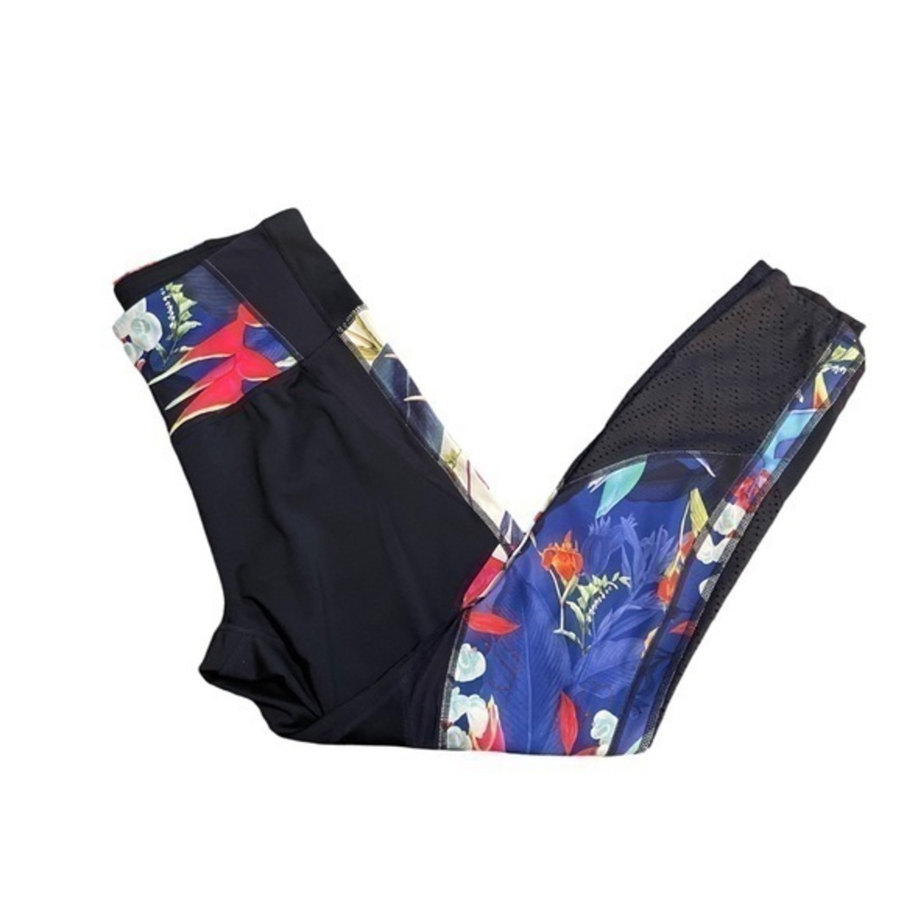 Athleta Black Leggings with Blue Floral Panels